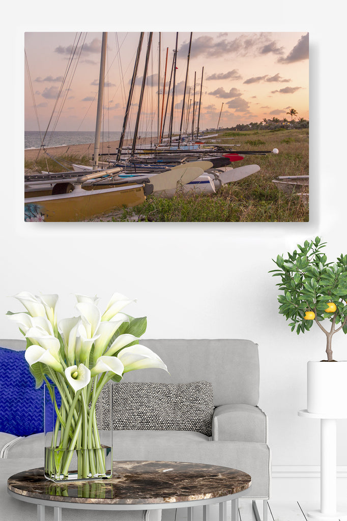 Sailboats on Long Beach at Sunset Triptych 3 Panel