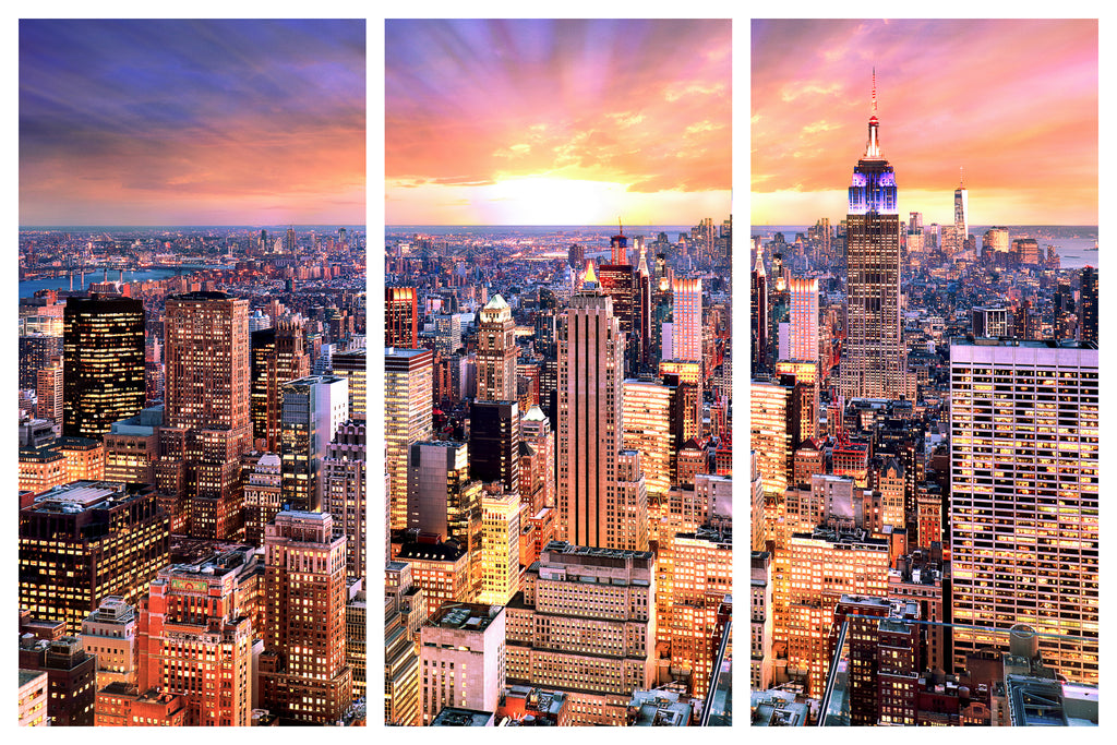 three panel triptych. New York City, NYC, City Scape in Glowing Light.  NYC, New York, New York City, Cityscape in radiant, vibrant glowing color.