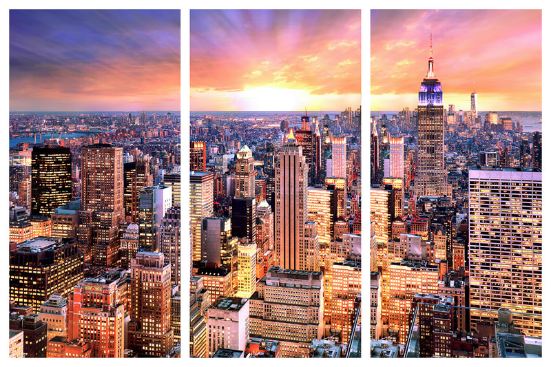 three panel triptych. New York City, NYC, City Scape in Glowing Light.  NYC, New York, New York City, Cityscape in radiant, vibrant glowing color.