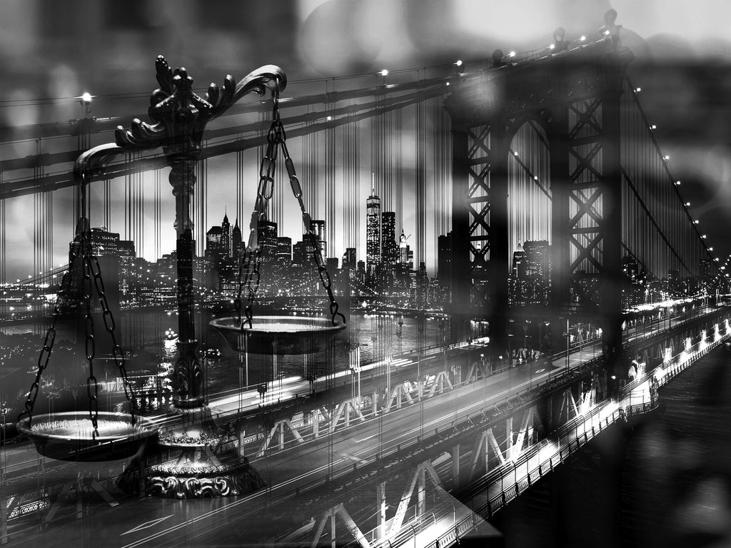 black and white,  Wall Art waiting room skyline scales of justice Office night time night modern metal legal balance legal law icons law justice is blind justice icons colorful city skyline city Canvas bright brige bokeh blind justice big city