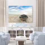 Row Boat Ashore on Sandy Beach Blue