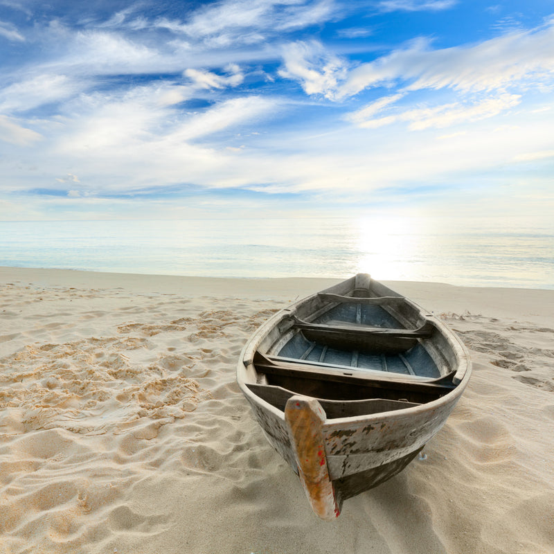 Row Boat Ashore on Sandy Beach Blue