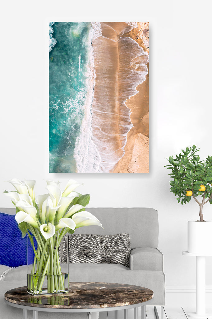 Isolated Long Beach from Above, White, Blue, Teal, Rocks