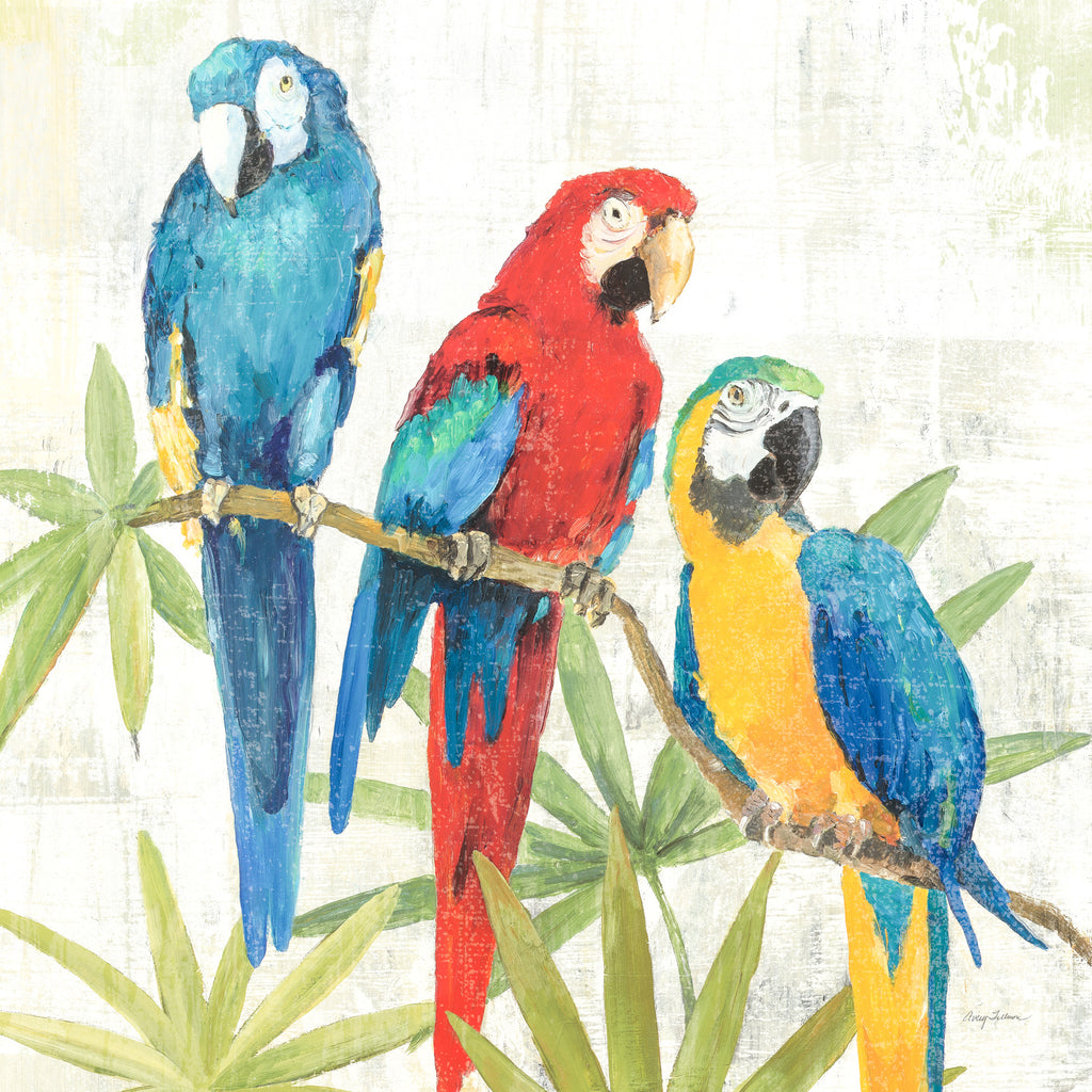 Parrot Trio on Branch, Palm Prawns, Red, Blue, Green, Yellow