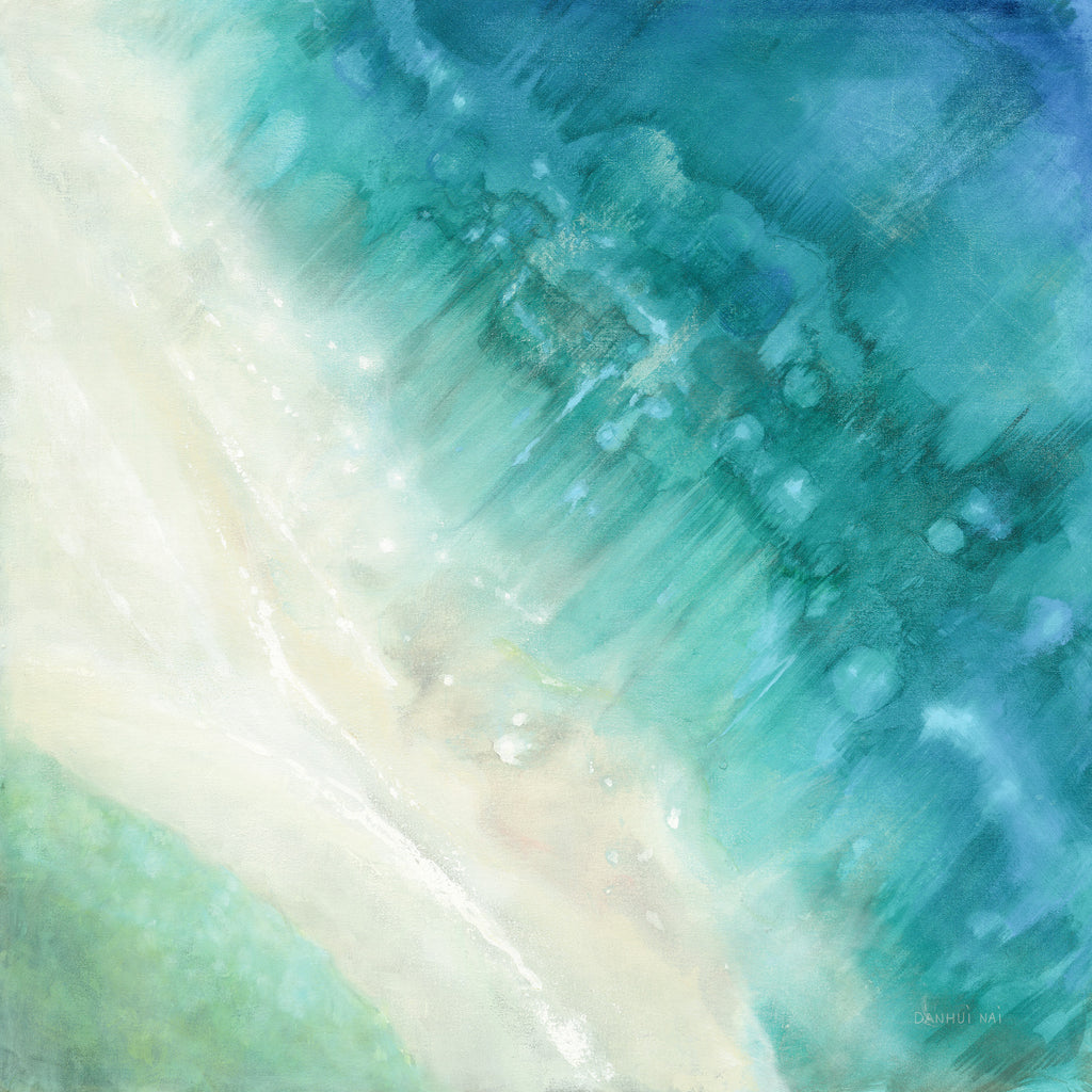 Bird Eye View Beach, Impressionist, Soft, Blue, Teal, Cyan, Indigo, Cream, Tan, White, Ocean, Shoreline