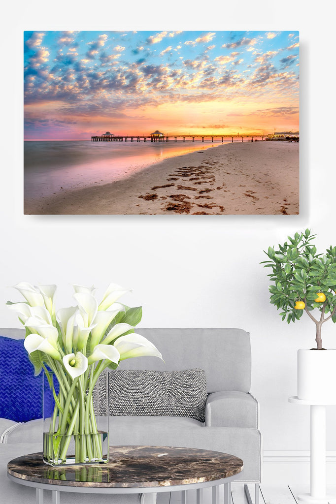 Fine Art Style Pier at Sunset Under Pillowy Clouds and Tranquil Colorful Skies