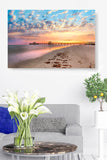 Fine Art Style Pier at Sunset Under Pillowy Clouds and Tranquil Colorful Skies