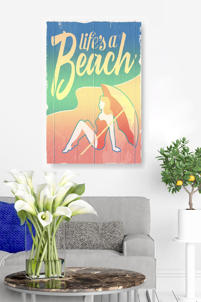 Life's a Beach Lady in Waiting Under Her Umbrella with a Modern Vintage Touch