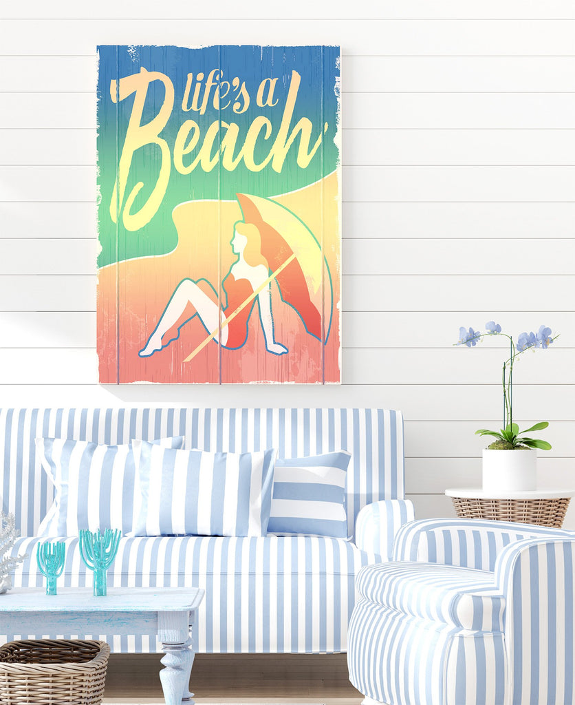 Life's a Beach Lady in Waiting Under Her Umbrella with a Modern Vintage Touch