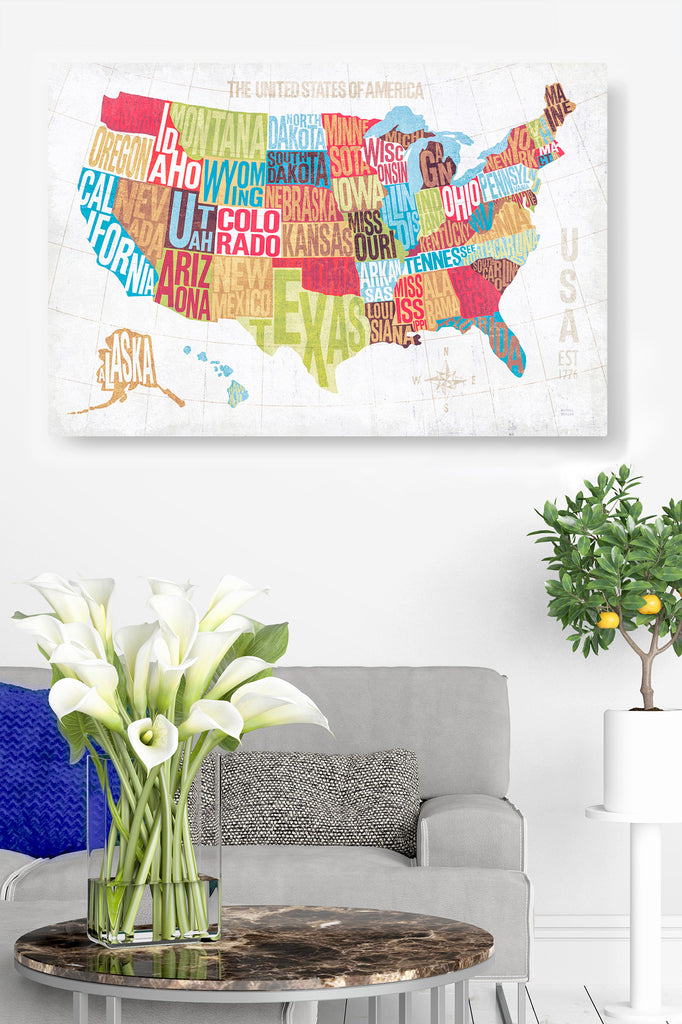 Map of United States - Written Words, Colors