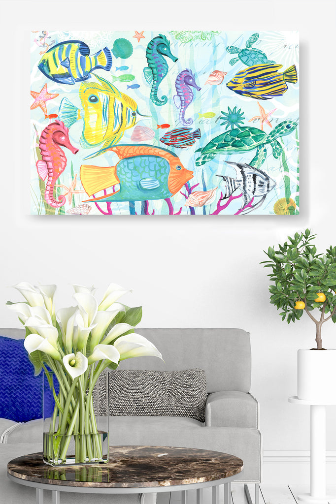 Underwater Scene, Tropical Fish, Sea Life, Sea Horse, Turtle, Coral, Sea Creatures, Coastal, Fun, Bright, Airy