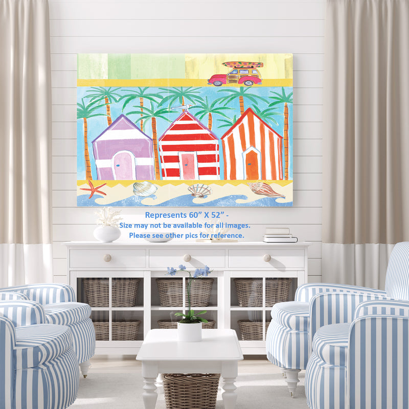 Beach Cabana's, Vintage Panel Wagon Car, Surfbord, Palm Tree, Waves, Sea Shells, Stripes, Red, Blue, Yellow, Tan, Orange, Purple