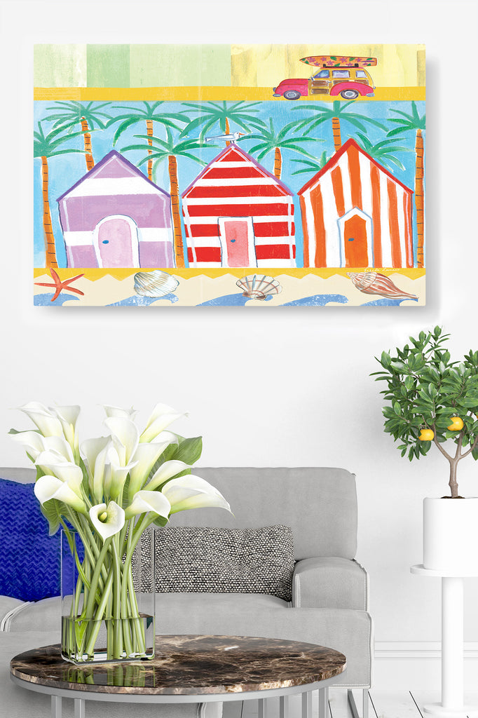 Beach Cabana's, Vintage Panel Wagon Car, Surfbord, Palm Tree, Waves, Sea Shells, Stripes, Red, Blue, Yellow, Tan, Orange, Purple