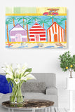 Beach Cabana's, Vintage Panel Wagon Car, Surfbord, Palm Tree, Waves, Sea Shells, Stripes, Red, Blue, Yellow, Tan, Orange, Purple