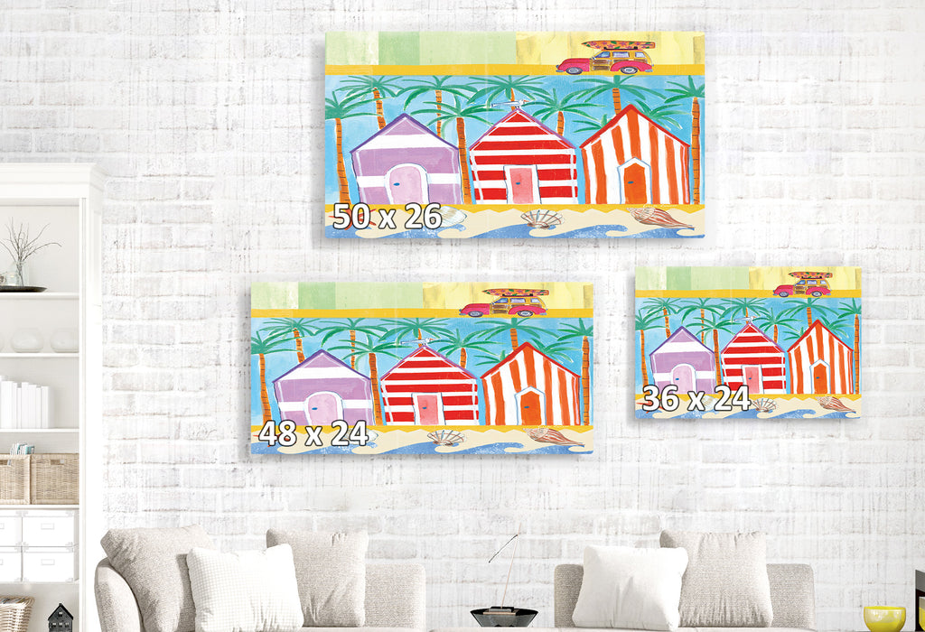 Beach Cabana's, Vintage Panel Wagon Car, Surfbord, Palm Tree, Waves, Sea Shells, Stripes, Red, Blue, Yellow, Tan, Orange, Purple