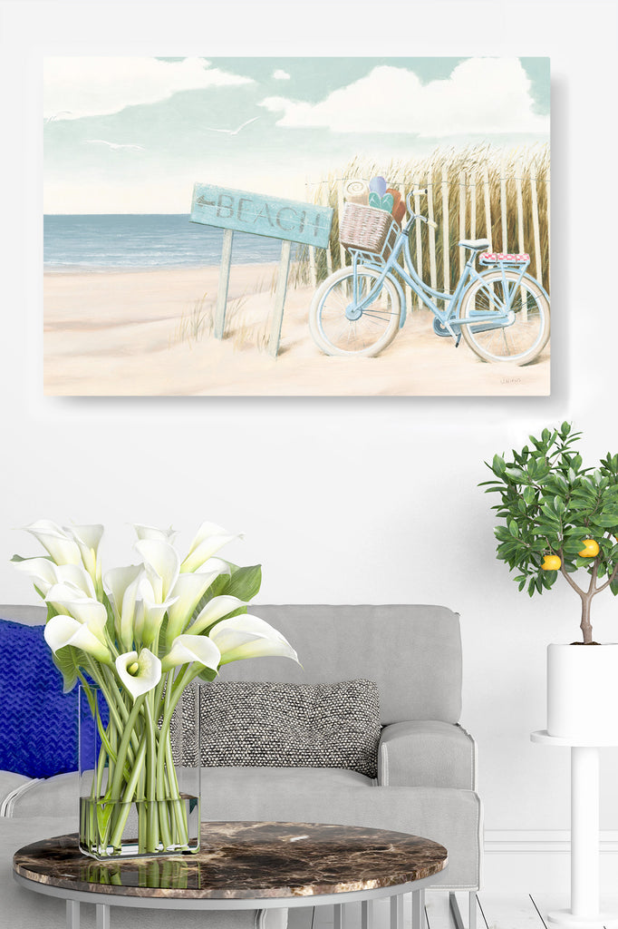 Beach Bike, Beach Sign, Sand, Ocean View, Teal, Cyan, Tan, Clouds, Coastal, Soft, Beach Grass