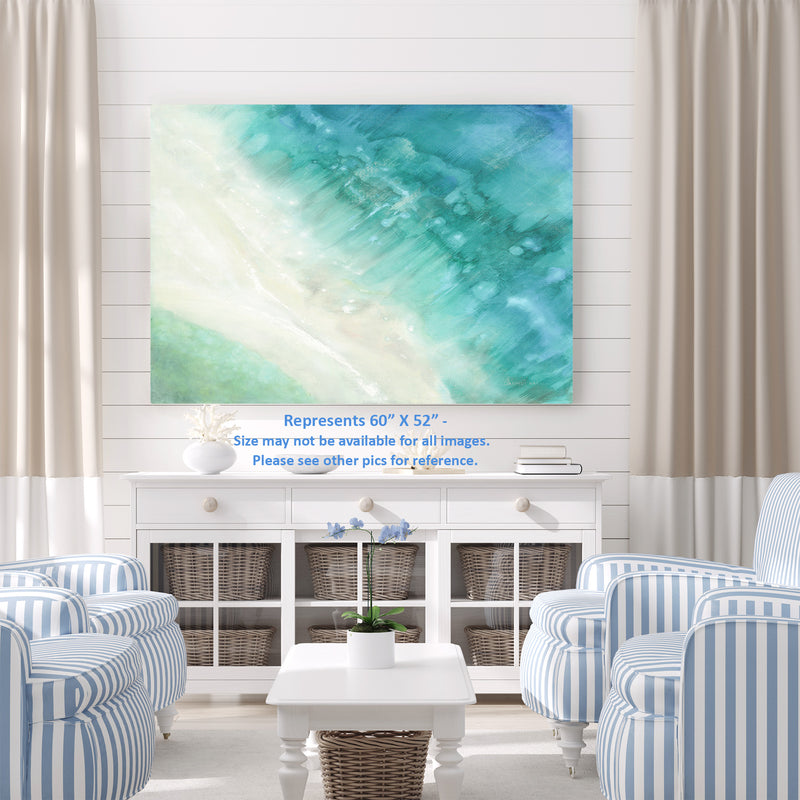 Bird Eye View Beach, Impressionist, Soft, Blue, Teal, Cyan, Indigo, Cream, Tan, White, Ocean, Shoreline