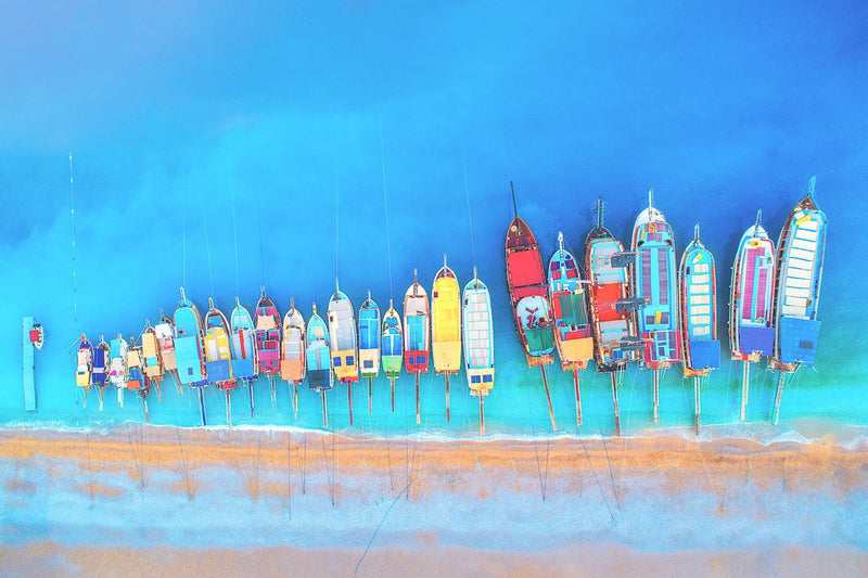 boata in a row, overhead, boats, nautical, beach theme, south florida, tranquil, canvas, gallery wrapped, wall art, wall decor, decorator, interior design, modern, vibrant, colorful. South Florida, interior design, decorator, Fort Myers, Fort Lauderdale, West Palm Beach, Miami, Naples, Sarasota, St. Pete, Tampa, Boca Raton, Cape Coral, Clearwater