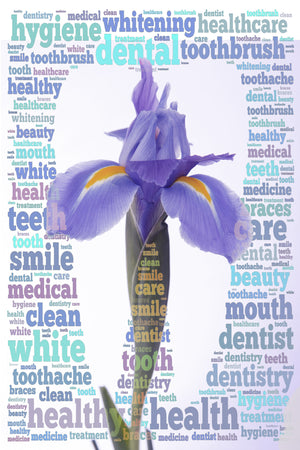 Blue Iris in Creative Writing in Tooth Shape, dental office, art, canvas print, metal print