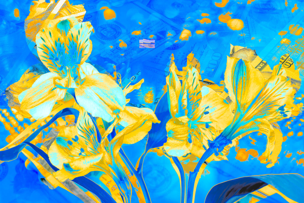 yellow on bllue,      Wall Art     waiting room     vibrant     shiny     prints     office art     Office     money     metal print     iris     flowers     floral     financial office     financial     currency     colorful     checkup     canvas print     Canvas     bills     benjamins     benjamin franklin     art