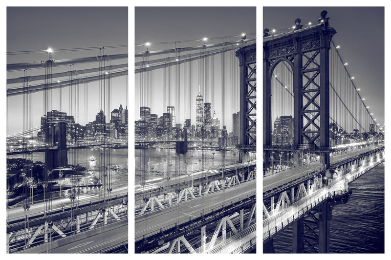 Manhattan Bridge Alive at Night - New York City - Triptych 3 Panel