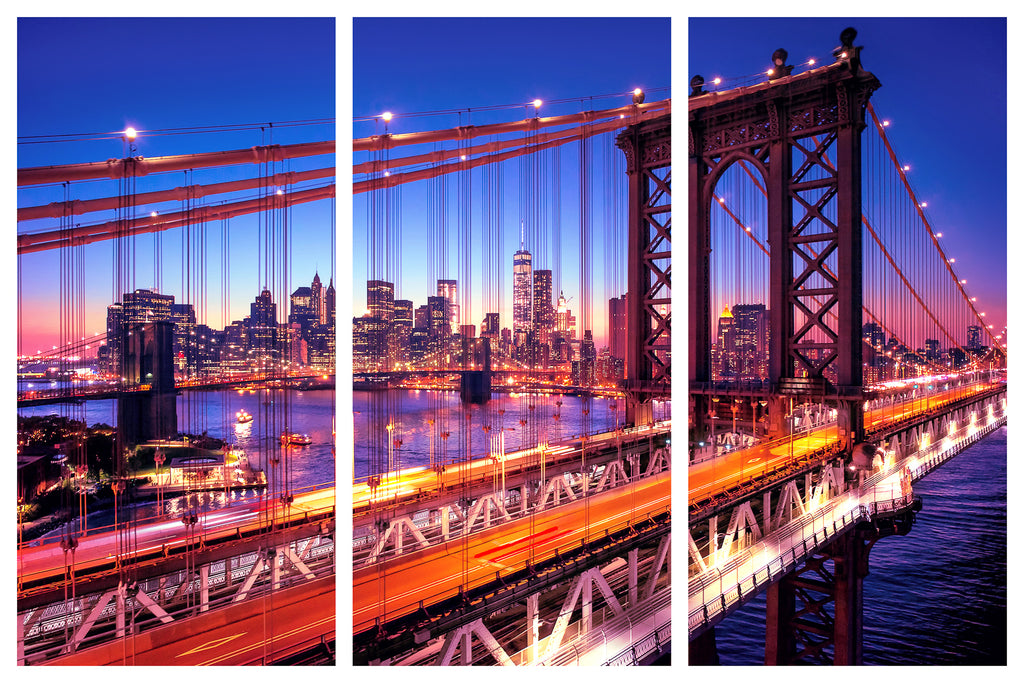 Manhattan Bridge Alive at Night - New York City - Triptych 3 Panel
