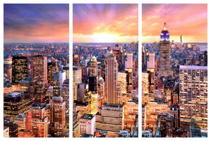 three panel triptych. New York City, NYC, City Scape in Glowing Light.  NYC, New York, New York City, Cityscape in radiant, vibrant glowing color. 