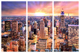 three panel triptych. New York City, NYC, City Scape in Glowing Light.  NYC, New York, New York City, Cityscape in radiant, vibrant glowing color. 