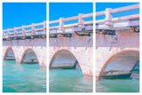 triptych. Key West concrete bridge over tropical blue waters, lively, colorful and vibrant.  Great for a nautical or classic themed