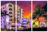 South Beach Miami in Fiery Light at Nigh - Triptych 3 Panel