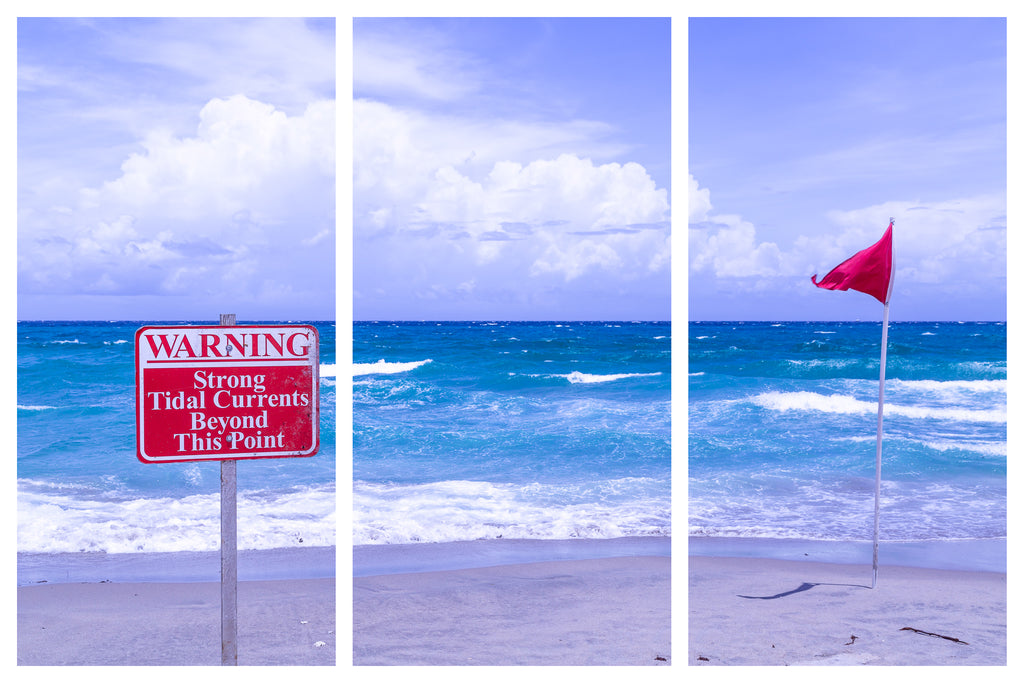 Strong tidal currents beyond this point sign, beach or nautical themed - overlooks tropical blue waters off a warm sandy beach, triptych, canvas, art