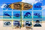 Caribbean Beach Scene with Eye Doctor Icon Graphics