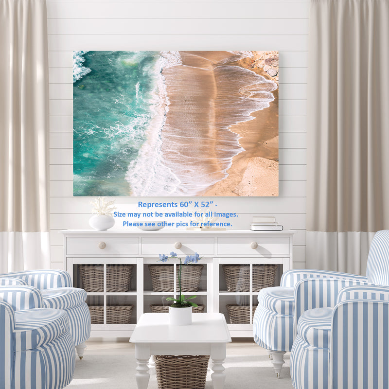 Isolated Long Beach from Above, White, Blue, Teal, Rocks