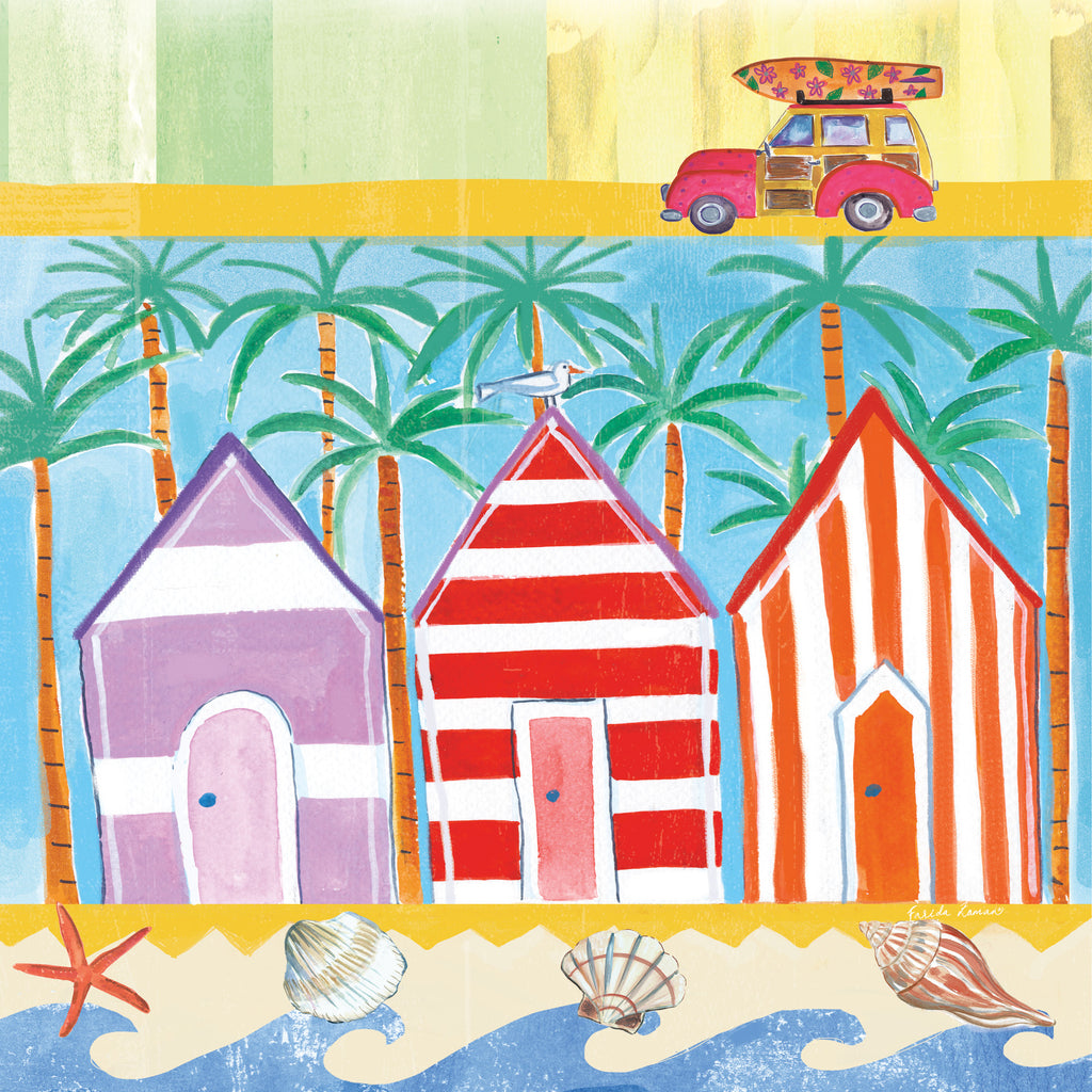 Beach Cabana's, Vintage Panel Wagon Car, Surfbord, Palm Tree, Waves, Sea Shells, Stripes, Red, Blue, Yellow, Tan, Orange, Purple
