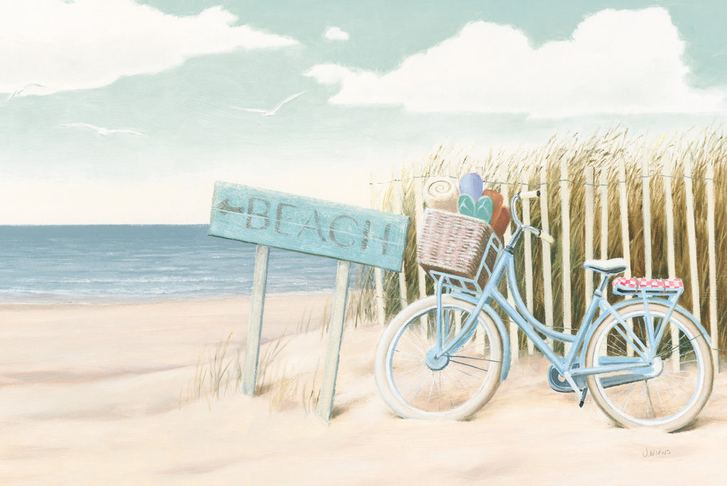 Beach Bike, Beach Sign, Sand, Ocean View, Teal, Cyan, Tan, Clouds, Coastal, Soft, Beach Grass