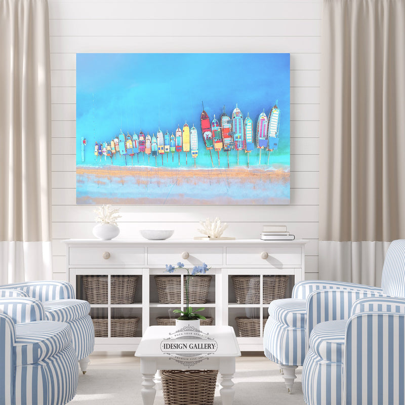 Colorful Boats in a Row from Above