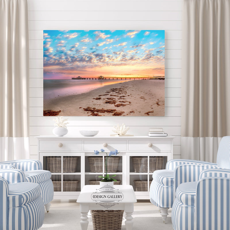 Fine Art Style Pier at Sunset Under Pillowy Clouds and Tranquil Colorful Skies