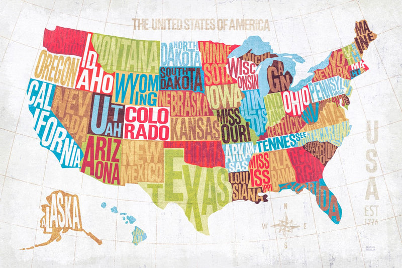 Map of United States - Written Words, Colors