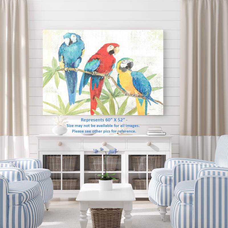 Parrot Trio on Branch, Palm Prawns, Red, Blue, Green, Yellow