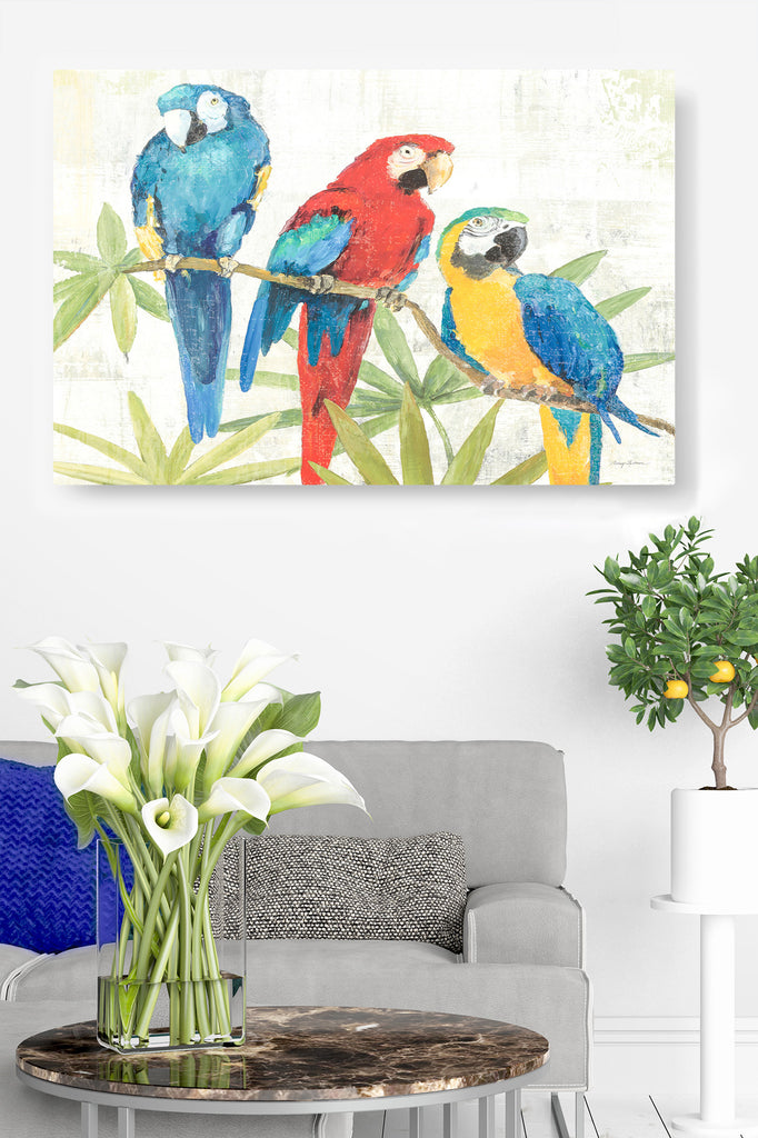 Parrot Trio on Branch, Palm Prawns, Red, Blue, Green, Yellow