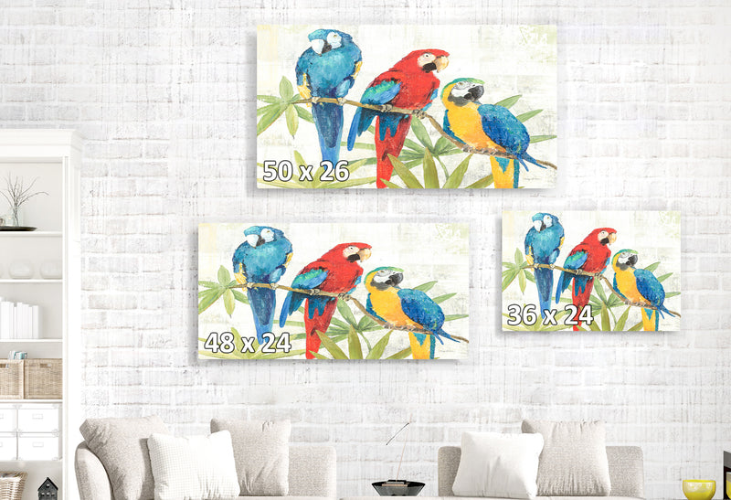 Parrot Trio on Branch, Palm Prawns, Red, Blue, Green, Yellow