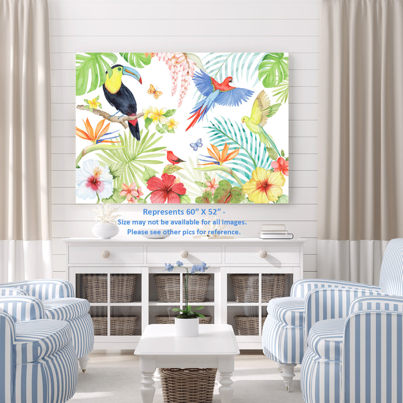 Parrot Toucan Paradise, Bird, Butterfly, Fern, Palm Tree, Palm Prawn, Hybiscus, Flower, Tropical, Coastal, Blue, Yellow, Orange, Green, on White, Red