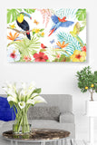 Parrot Toucan Paradise, Bird, Butterfly, Fern, Palm Tree, Palm Prawn, Hybiscus, Flower, Tropical, Coastal, Blue, Yellow, Orange, Green, on White, Red