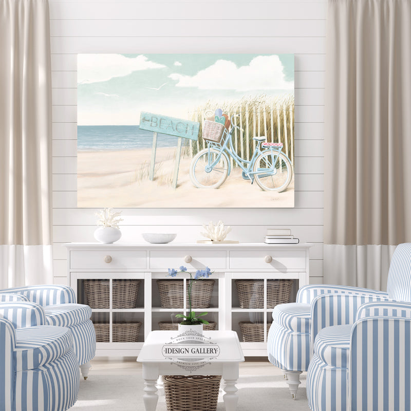 Beach Bike, Beach Sign, Sand, Ocean View, Teal, Cyan, Tan, Clouds, Coastal, Soft, Beach Grass